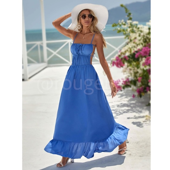 Blue Backless Maxi Dress Flared Tie Straps Ruffle Hem Gathered, Ruched Front - Picture 2 of 12